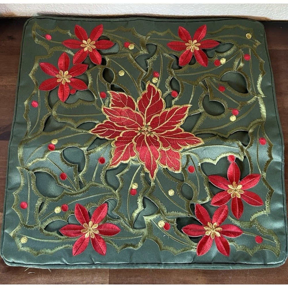 Poinsettia Cutout Embroidery Pillow Cover 16" x 16" Green Red Gold Holiday